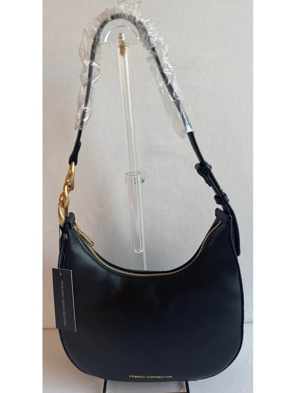 French Connection Black Hobo Shoulder Bag Gold-Tone Chain Accent NWT